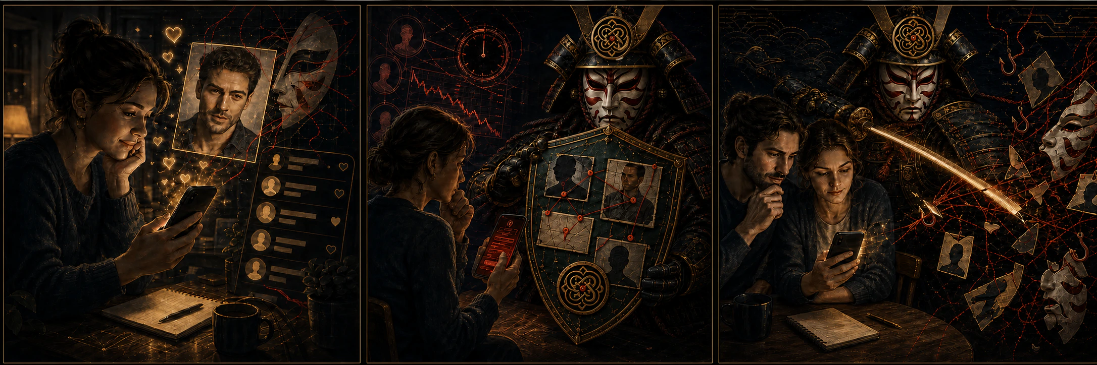 Three-panel illustration of an adult drawn into an online romance, Scamurai revealing identity inconsistencies, and a trusted friend helping verify the account.