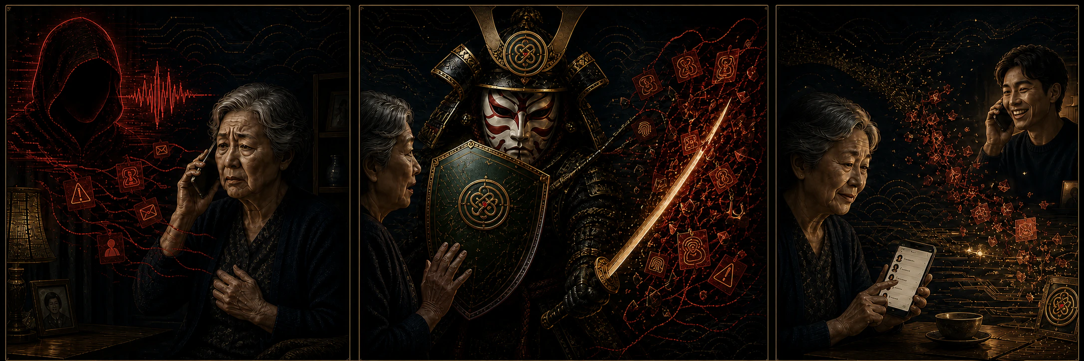 Three-panel illustration of an older adult receiving an alarming call, Scamurai blocking the pressure, and the adult independently calling family.