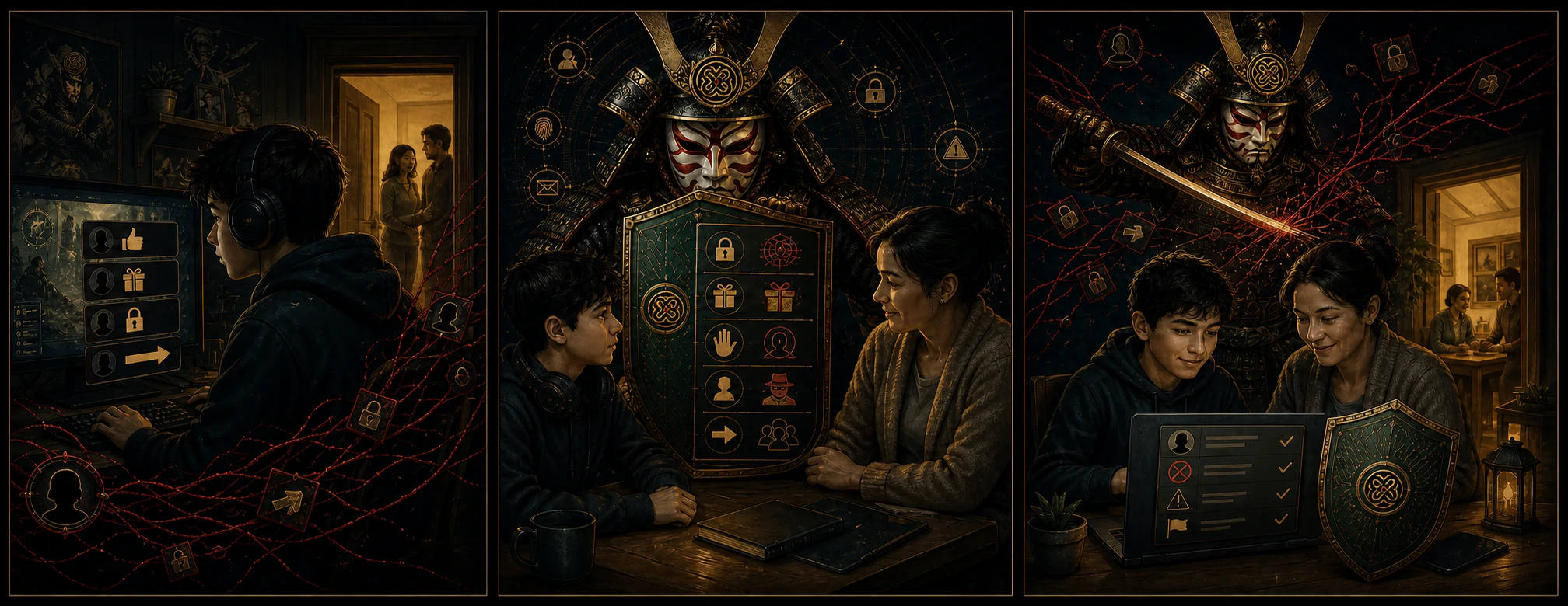 Three-panel illustration of a teen receiving gifts and secrecy requests online, Scamurai and a trusted adult explaining the pattern, and the account being blocked and reported.